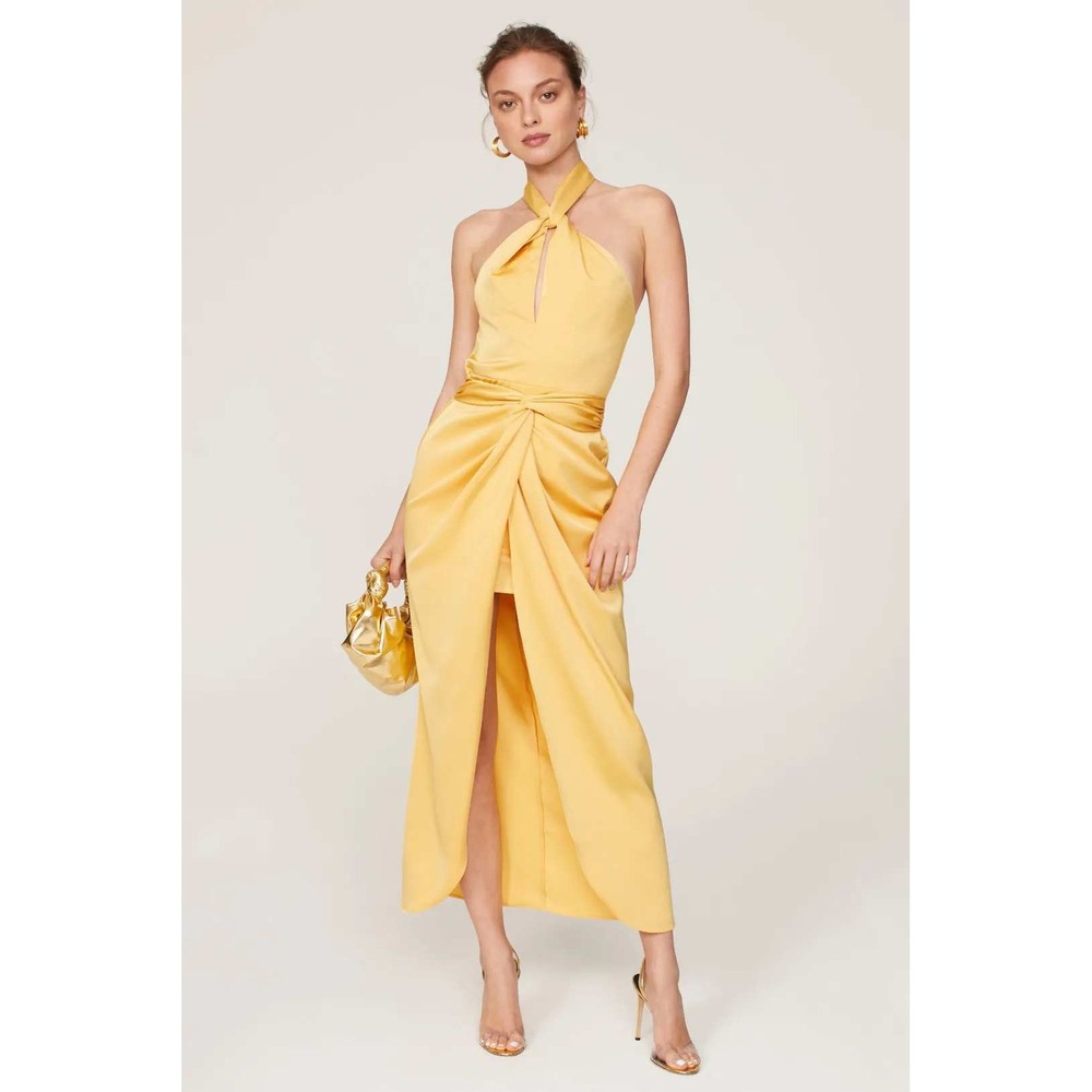 Elle Zeitoune Kelsie Dress Yellow Halter‎ Maxi Dress Sleeveless Twist Front Sz S